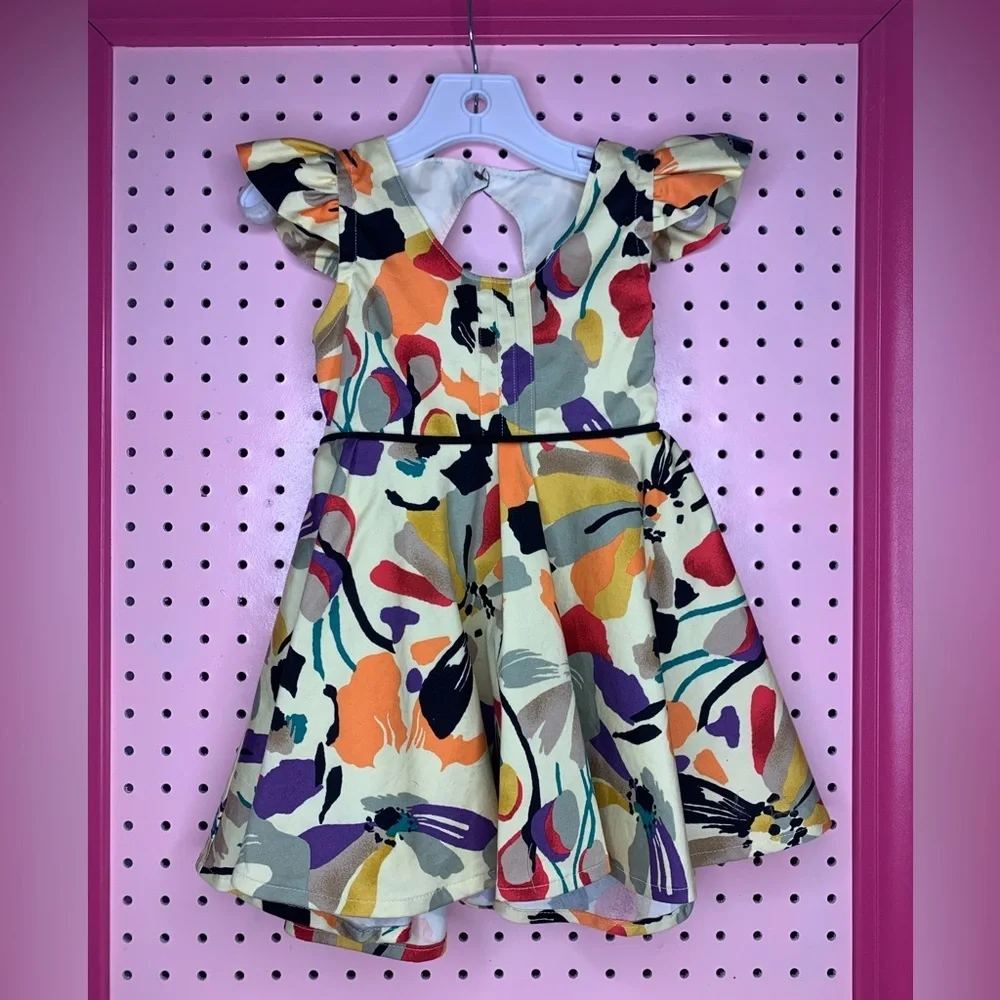 Handmade Boutique Twirl Dress Girls 3T Abstract Floral Flutter Sleeve Boho Cute